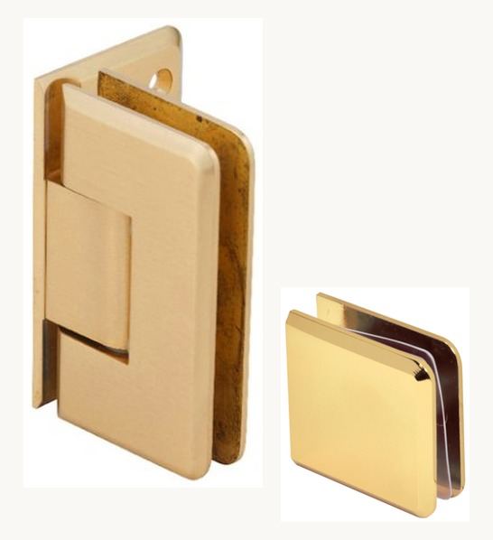 Bevelled hinge with matching beveled glass clamp, shown to scale
