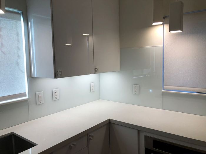 White back painted glass kitchen backsplash Charlotte NC
