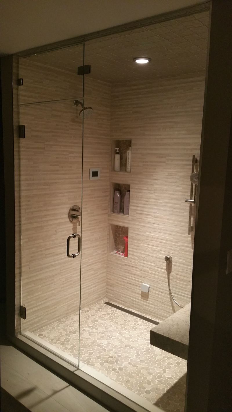 Starphire low-iron ultra-clear glass frameless steam shower enclosure with hinged door, brushed nickel hardware, Gastonia NC