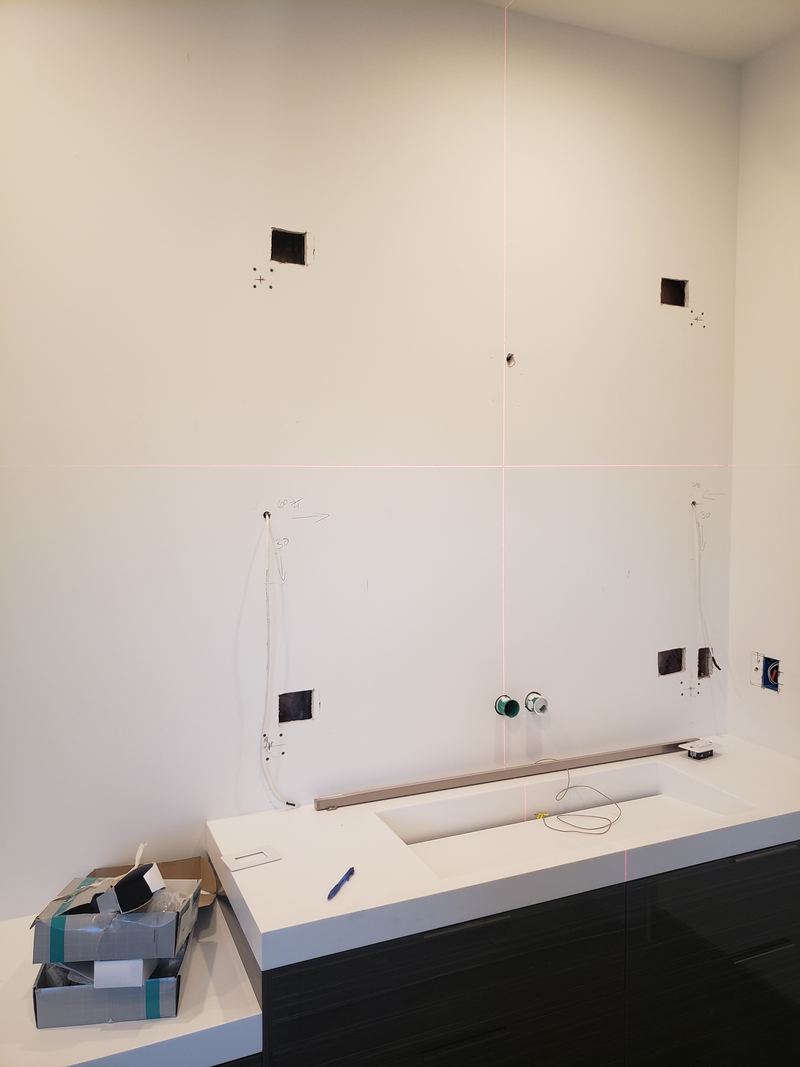 Laser layout for custom mirror cutouts, right wall, with wired outlet points and shower enclosure reflected, Charlotte NC