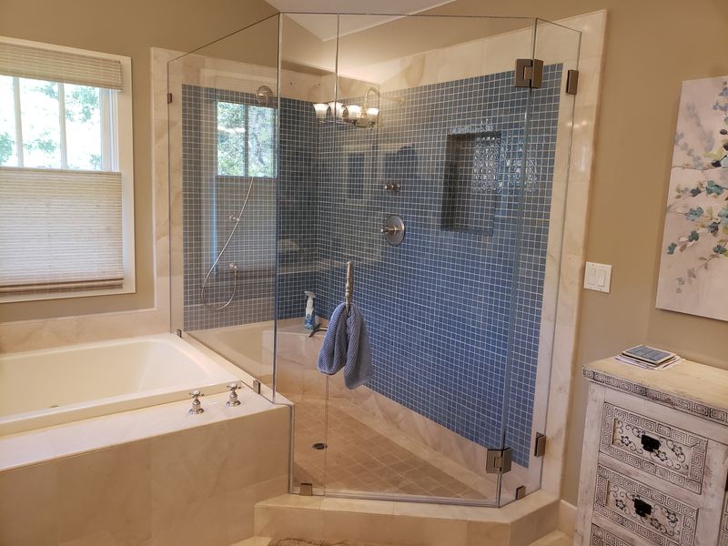 Starphire low-iron glass neo-angle shower enclosure, brushed nickel hinged door, Belmont NC