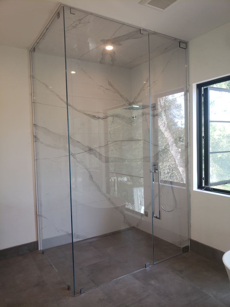 Opti-white low-iron crystal clear 1/2-inch glass pivot shower door, chrome hardware, Charlotte NC