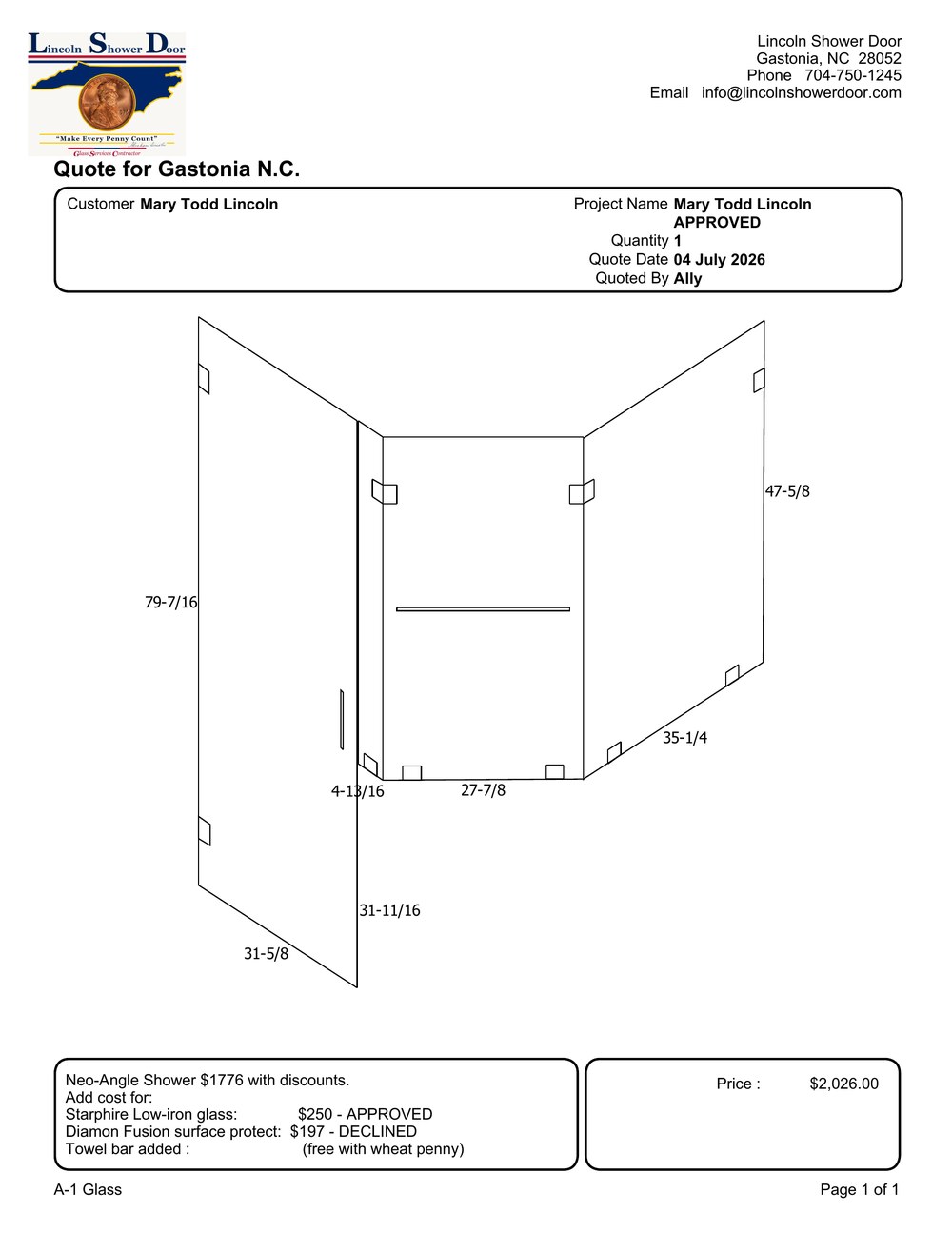 Approved final quote example, showing a towel bar added after final measure