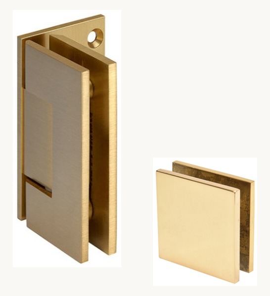 Square hinge with matching square glass clamp, shown to scale