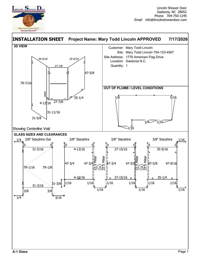 Installation sheet with hardware and glass specs